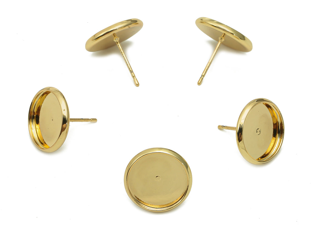 Brass Cabachon Round Stud Earring - Gold Circle Pot Earring Post - 316 Stainless Steel - 18K Real Gold Plating - 13.8x13.8x0.4mm -RGP5449-12 - DOMEDBAZAAR
