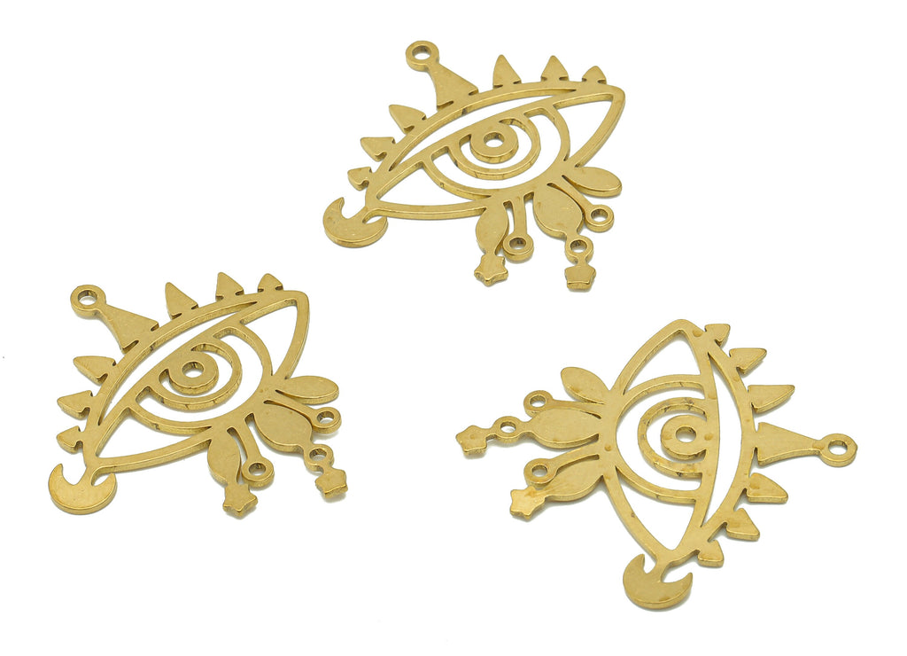 Brass Eye Crescent Earring Connectors - Raw Brass Eyelash Star Earring - Pendant With 4 Loops - Tears Charms - 33.9x30.8x0.8mm - PPZ0172 - DOMEDBAZAAR