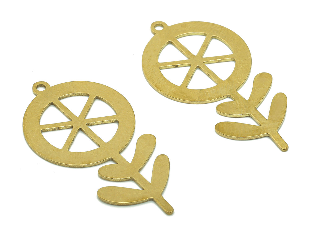 Brass Tire Flower Earring Charms - Raw Brass Leaf Earring - Wheel Pendant With Loop - Botanical Charm For Necklace -35.3x18.1x0.7mm-PPA5800 - DOMEDBAZAAR