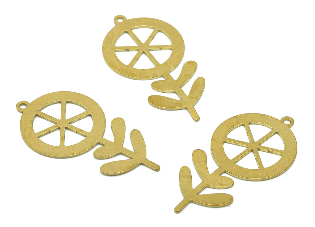 Brass Tire Flower Earring Charms - Raw Brass Leaf Earring - Wheel Pendant With Loop - Botanical Charm For Necklace -35.3x18.1x0.7mm-PPA5800 - DOMEDBAZAAR