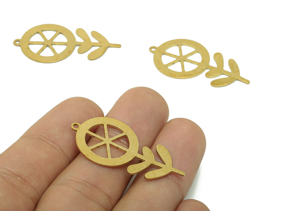 Brass Tire Flower Earring Charms - Raw Brass Leaf Earring - Wheel Pendant With Loop - Botanical Charm For Necklace -35.3x18.1x0.7mm-PPA5800 - DOMEDBAZAAR