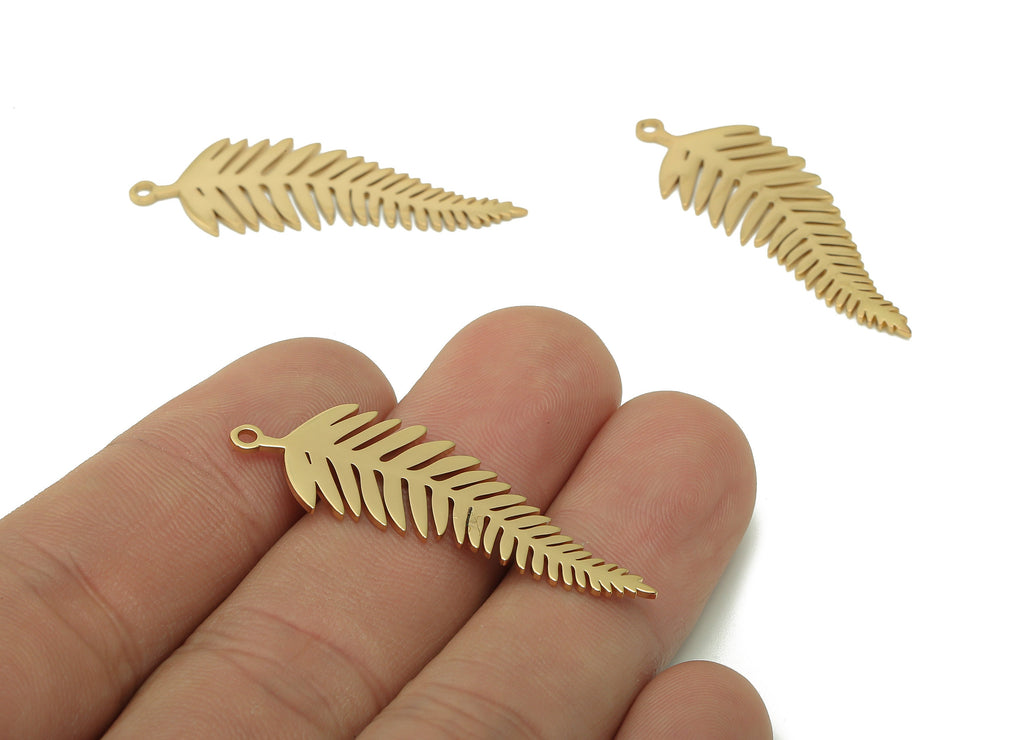 Steel Needle-leaved Earring - Leaf Pendant With Loop - 201 Stainless Steel - 18K Real Gold Plating Sandarac Charm - 39.6x13.4x1.1mm -SS1397G - DOMEDBAZAAR
