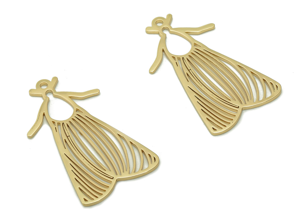 Steel Moth Earring – Insect Pendant With Loop - 201 Stainless Steel - 18K Real Gold Plating Charm - 31x17.5x1mm - SS1401G - DOMEDBAZAAR