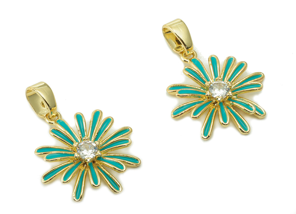 Brass Green Enamel Flower Pendant - Zircon Daisy Earring With Loop - Charm For Necklace - 18K Real Gold Plating - 17.4x15.1x2.7mm - RGP5421E - DOMEDBAZAAR