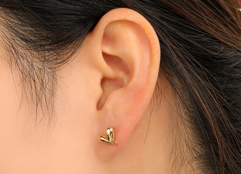 Brass Mini Heart Stud Earrings With Loop - 18K Real Gold Plated Heart Posts - Dainty Earrings - Earring Post - 8.47x8.33x2.84mm - RGP4686 - DOMEDBAZAAR