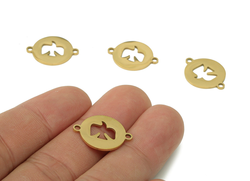 Steel Round Eagle Earring Connector - Bird Circle Charm With 2 Loops - 216 Stainless Steel - 18K Real Gold Plating - 19.8x15.6x0.9mm-SS1412G - DOMEDBAZAAR