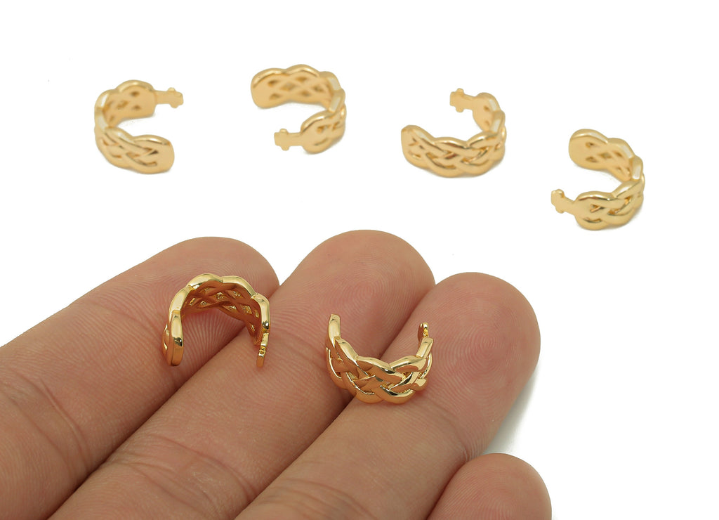 Brass Kniting Mini Open Round C Ring - Earring Cuff With Loop - Braided Hoop Ear Clip -18K Real Gold Plating Cuff Ear-12.8x6.1x1.5mm-RGP5553 - DOMEDBAZAAR