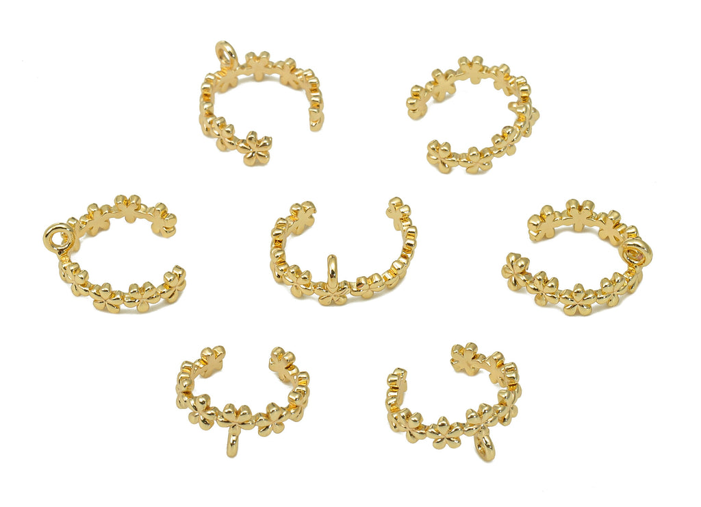 Brass Mini Flower Open Round Ring - Gold Flower Ear Clip - C Cuff Ear With Loop - 18K Real Gold Plating Earring Cuff - 11.2x5.3x1mm -RGP5540 - DOMEDBAZAAR