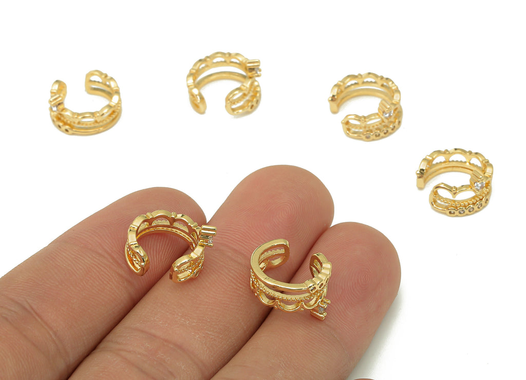Brass Crown Open Round C Ring - Hoop Ear Clip With Zircon - Huggie Earring Cuff - 18K Real Gold Plating Cuff Ear - 12.7x8.1x1.5mm - RGP5549 - DOMEDBAZAAR
