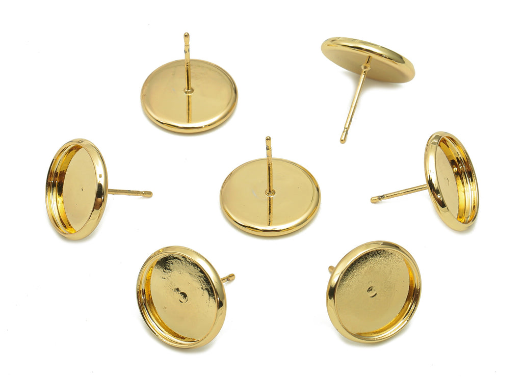 Brass Cabachon Round Stud Earring - Gold Circle Pot Earring Post - 316 Stainless Steel - 18K Real Gold Plating - 13.8x13.8x0.4mm -RGP5449-12 - DOMEDBAZAAR
