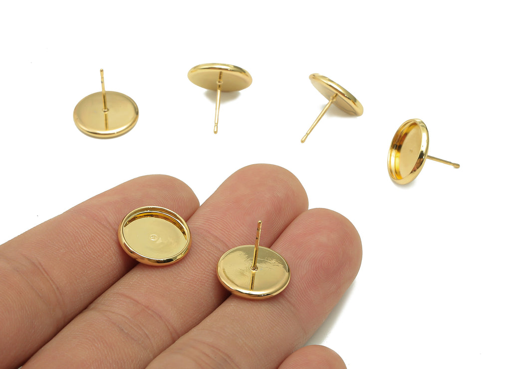 Brass Cabachon Round Stud Earring - Gold Circle Pot Earring Post - 316 Stainless Steel - 18K Real Gold Plating - 13.8x13.8x0.4mm -RGP5449-12 - DOMEDBAZAAR