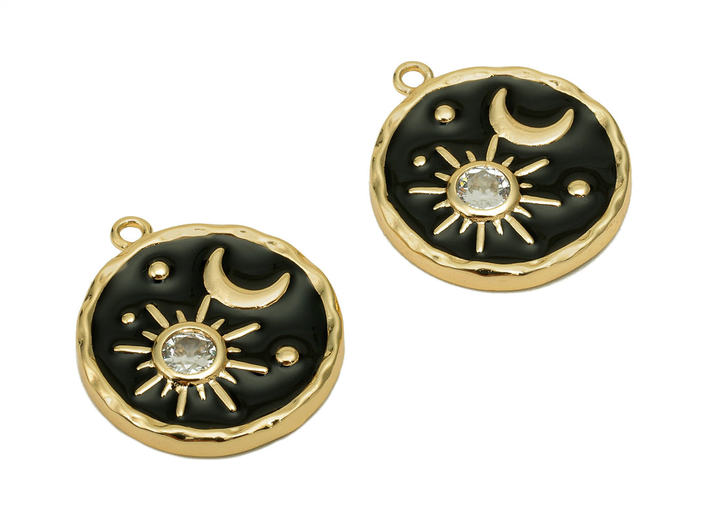 Brass Black Round Crescent Charm - Enamel Circle Zircon Star Earring - Pendant With Loop - 18K Real Gold Plating - 19.1x16.6x2.6mm - RGP5646 - DOMEDBAZAAR