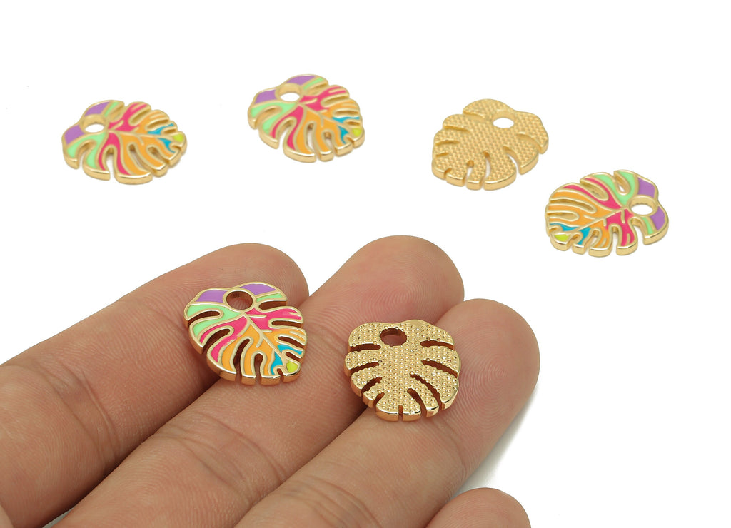 Brass Monstera Leaf Charms - Colorful Enamel Dot Leaves Earring - Spot Botanical Pendant - 18K Real Gold Plating - 18.6x15.9x1.6mm -RGP5648A - DOMEDBAZAAR
