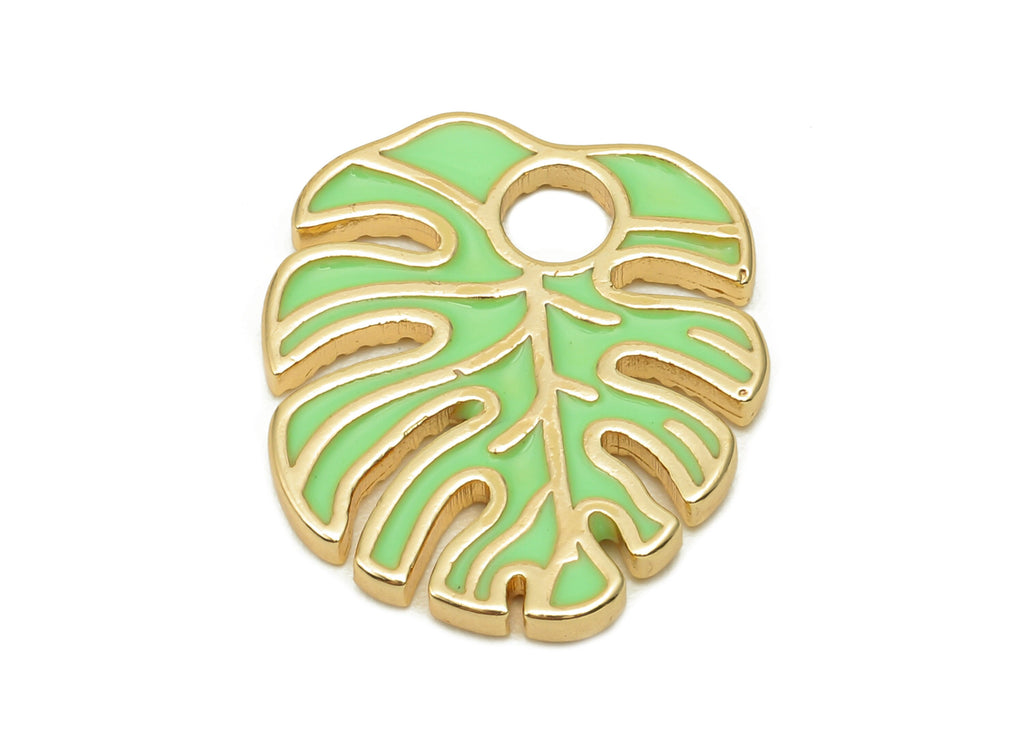Brass Monstera Leaf Charms - Light Green Enamel Dot Leaves Earring - Spot Botanical Pendant - 18K Real Gold Plating-18.6x15.9x1.6mm-RGP5648C - DOMEDBAZAAR