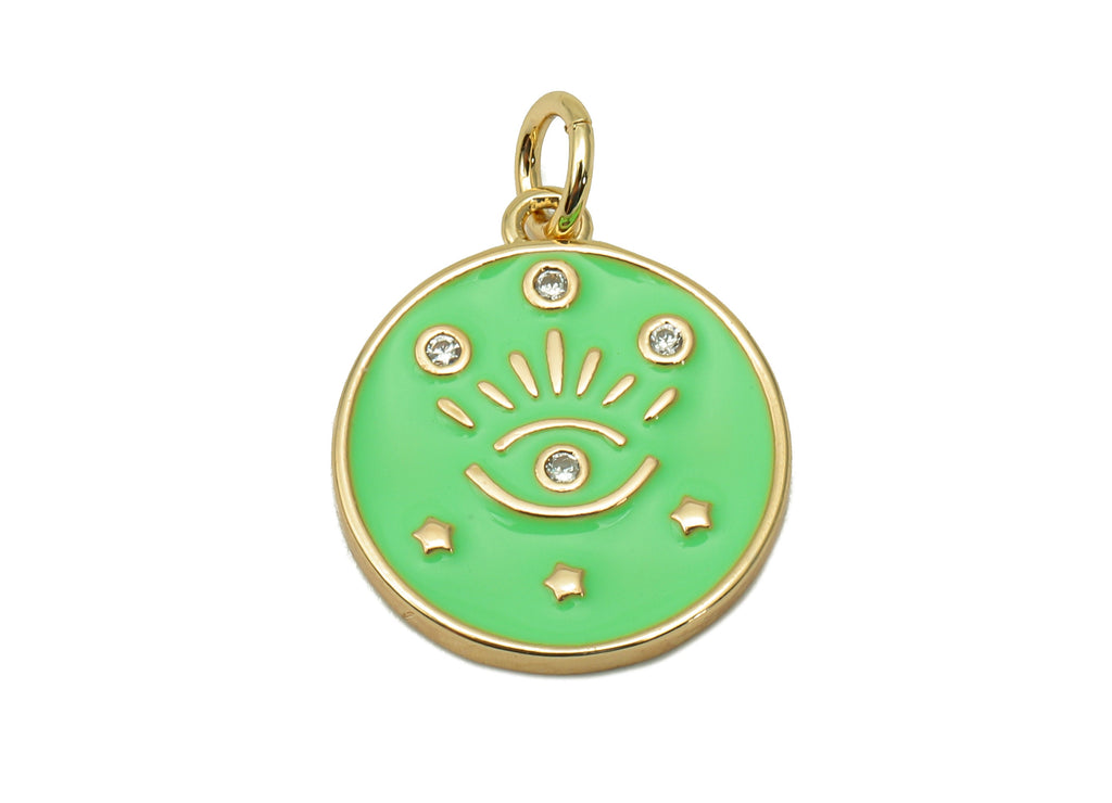 Brass Zircon Round Eyelash Pendant - Light Green Enamel Eye Earring - Circle Charm With Loop - 18K Real Gold Plating -20.3x15x1.7mm-RGP5663A - DOMEDBAZAAR