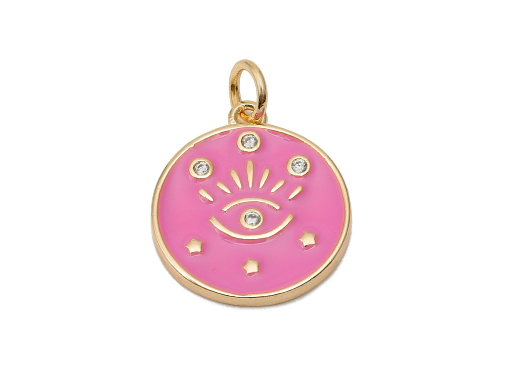Brass Zircon Round Eyelash Pendant - Light Pink Enamel Eye Earring - Circle Charm With Loop - 18K Real Gold Plating - 20.3x15x1.7mm-RGP5663B - DOMEDBAZAAR