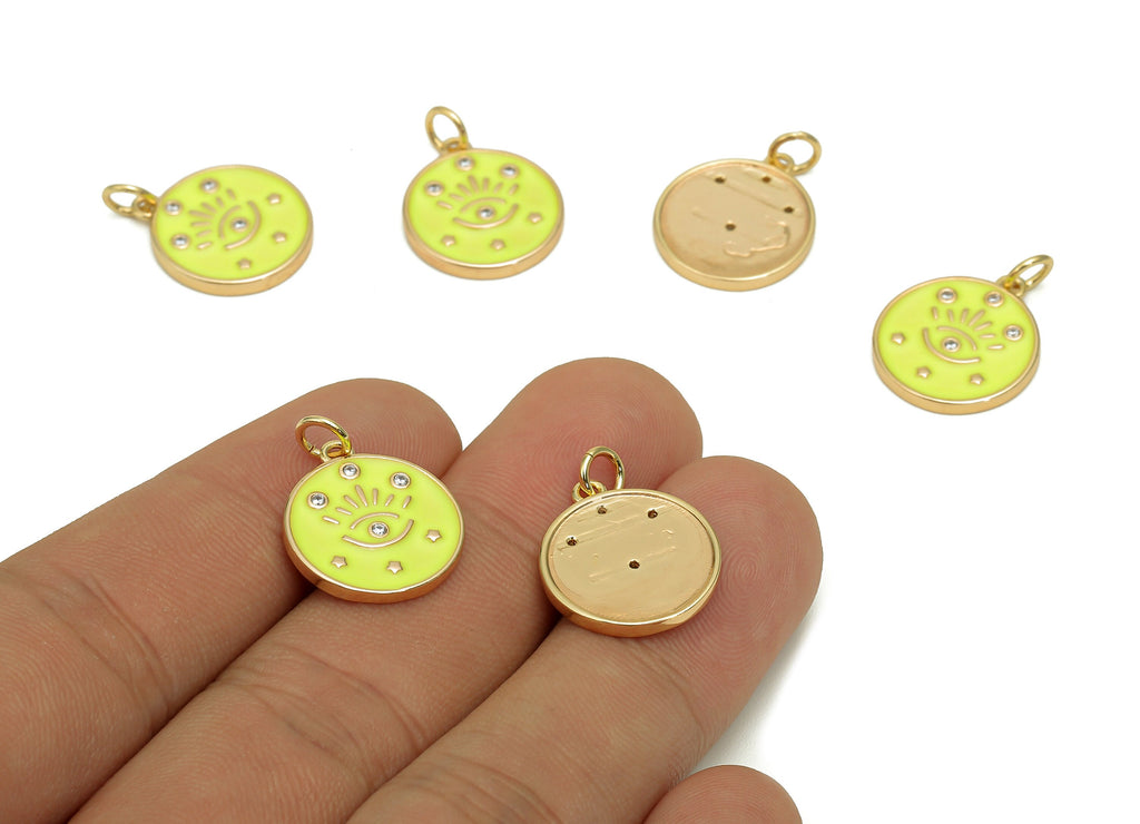 Brass Zircon Round Eyelash Pendant - Yellow Enamel Eye Earring - Circle Charm With Loop - 18K Real Gold Plating - 20.3x15x1.7mm - RGP5663C - DOMEDBAZAAR