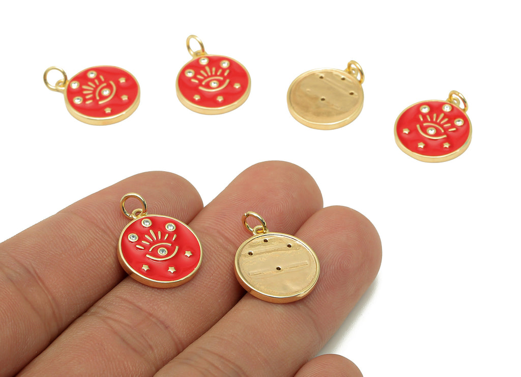Brass Zircon Round Eyelash Pendant - Red Enamel Eye Earring - Circle Charm With Loop - 18K Real Gold Plating -20.3x15x1.7mm-RGP5663D - DOMEDBAZAAR