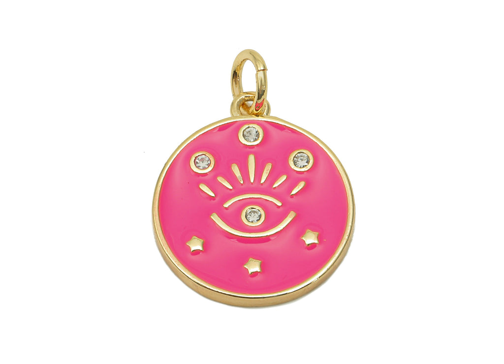 Brass Zircon Round Eyelash Pendant - Pink Enamel Eye Earring - Circle Charm With Loop - 18K Real Gold Plating - 20.3x15x1.7mm - RGP5663E - DOMEDBAZAAR