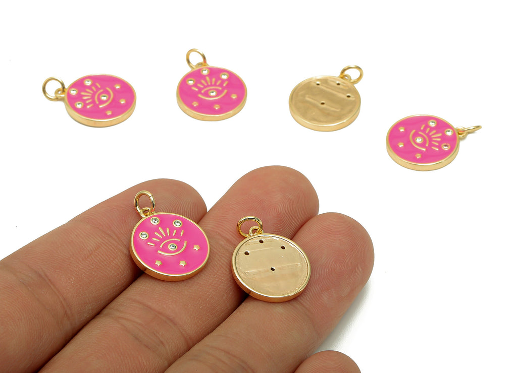 Brass Zircon Round Eyelash Pendant - Pink Enamel Eye Earring - Circle Charm With Loop - 18K Real Gold Plating - 20.3x15x1.7mm - RGP5663E - DOMEDBAZAAR