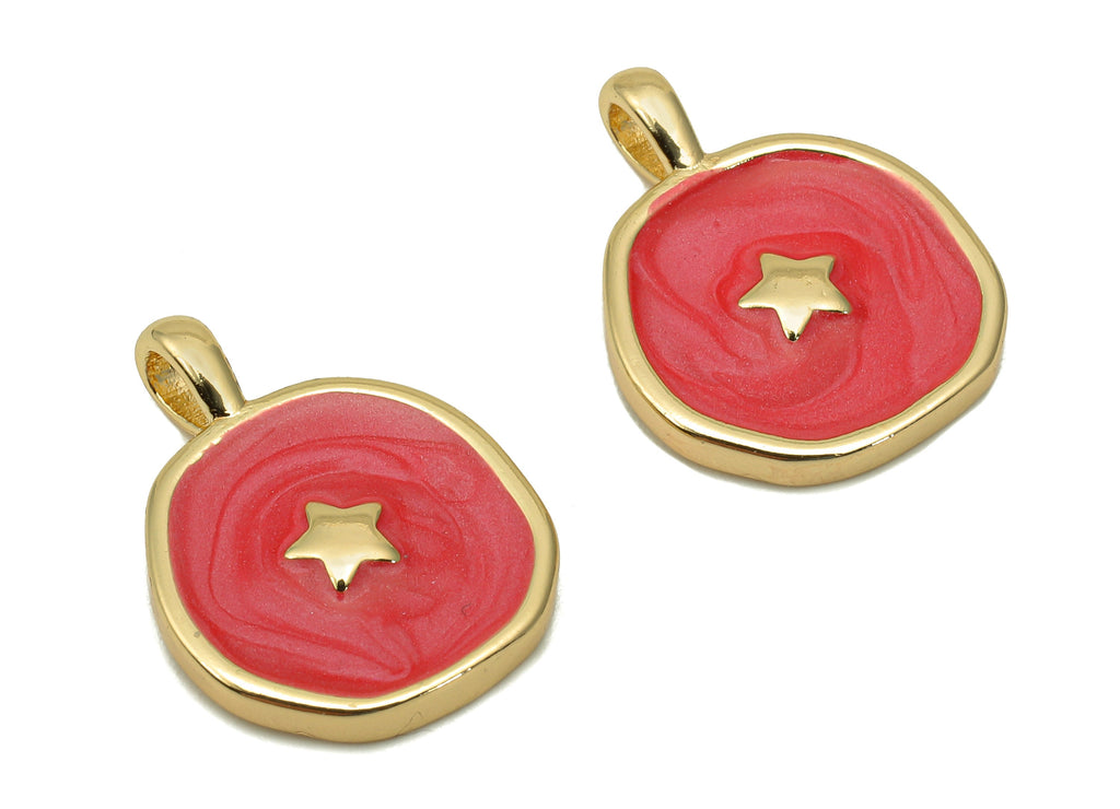 Brass Hammered Round Star Pendant - Red Circle Enamel Earring - Necklace Charm With Loop - 18K Real Gold Plating - 17.5x13.3x1.8mm -RGP5664B - DOMEDBAZAAR