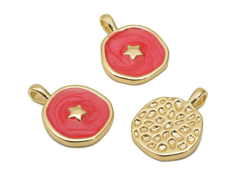 Brass Hammered Round Star Pendant - Red Circle Enamel Earring - Necklace Charm With Loop - 18K Real Gold Plating - 17.5x13.3x1.8mm -RGP5664B - DOMEDBAZAAR