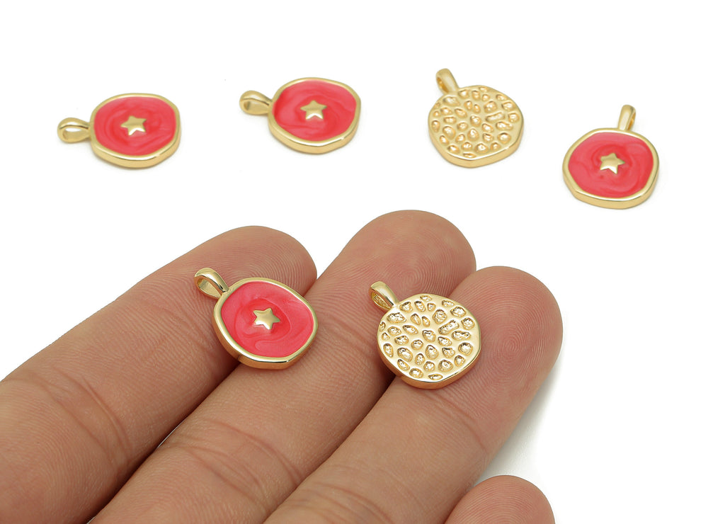 Brass Hammered Round Star Pendant - Red Circle Enamel Earring - Necklace Charm With Loop - 18K Real Gold Plating - 17.5x13.3x1.8mm -RGP5664B - DOMEDBAZAAR