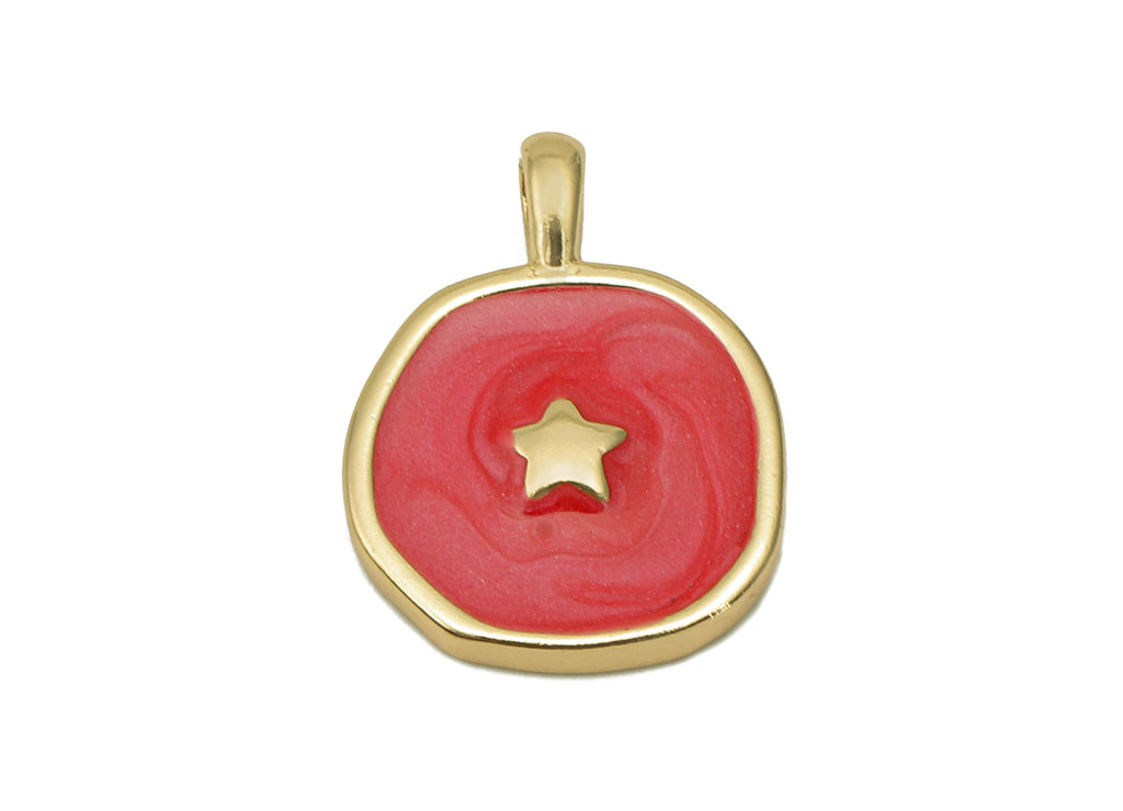 Brass Hammered Round Star Pendant - Red Circle Enamel Earring - Necklace Charm With Loop - 18K Real Gold Plating - 17.5x13.3x1.8mm -RGP5664B - DOMEDBAZAAR
