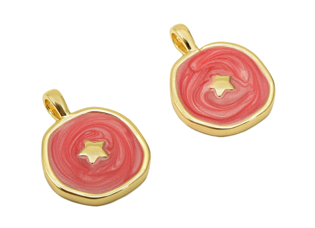 Brass Hammered Round Star Pendant - Pink Circle Enamel Earring - Necklace Charm With Loop - 18K Real Gold Plating - 17.5x13.3x1.8mm-RGP5664D - DOMEDBAZAAR