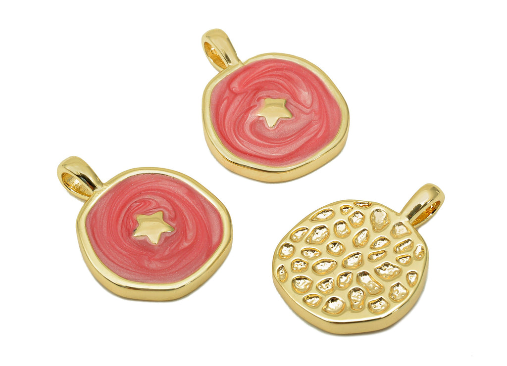 Brass Hammered Round Star Pendant - Pink Circle Enamel Earring - Necklace Charm With Loop - 18K Real Gold Plating - 17.5x13.3x1.8mm-RGP5664D - DOMEDBAZAAR