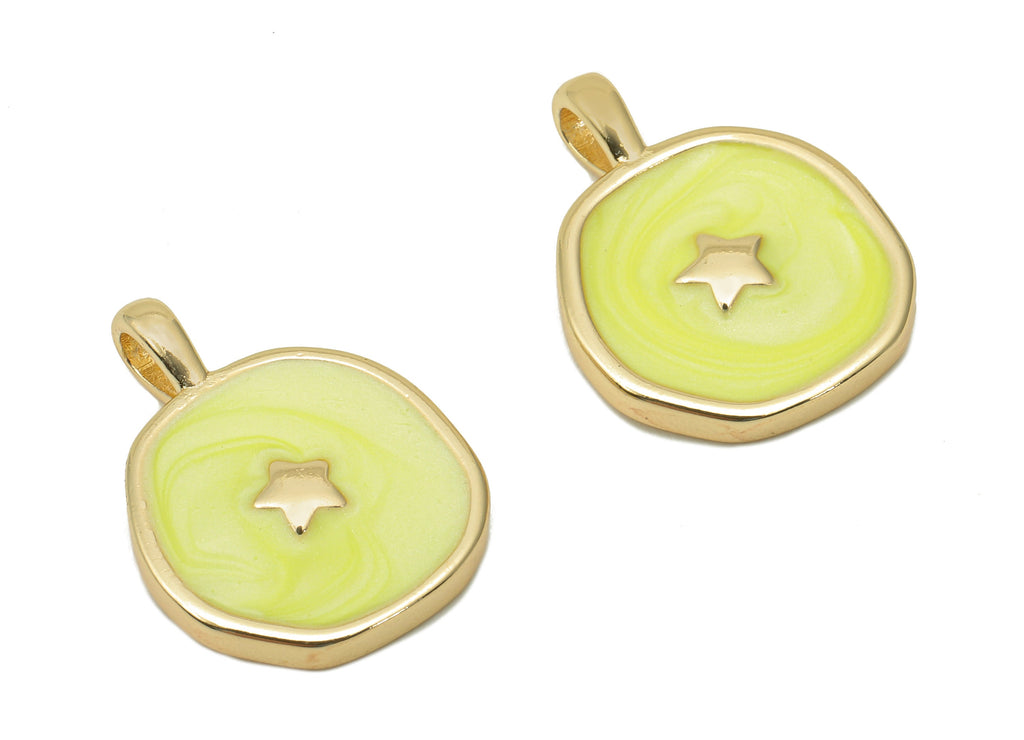Brass Hammered Round Star Pendant - Yellow Circle Enamel Earring - Necklace Charm With Loop - 18K Real Gold Plating-17.5x13.3x1.8mm-RGP5664E - DOMEDBAZAAR