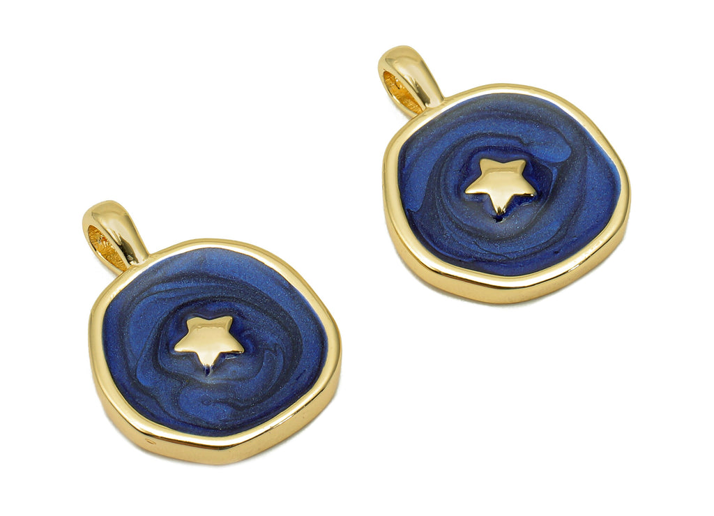 Brass Hammered Round Star Pendant - Navy Circle Enamel Earring - Necklace Charm With Loop - 18K Real Gold Plating - 17.5x13.3x1.8mm-RGP5664F - DOMEDBAZAAR