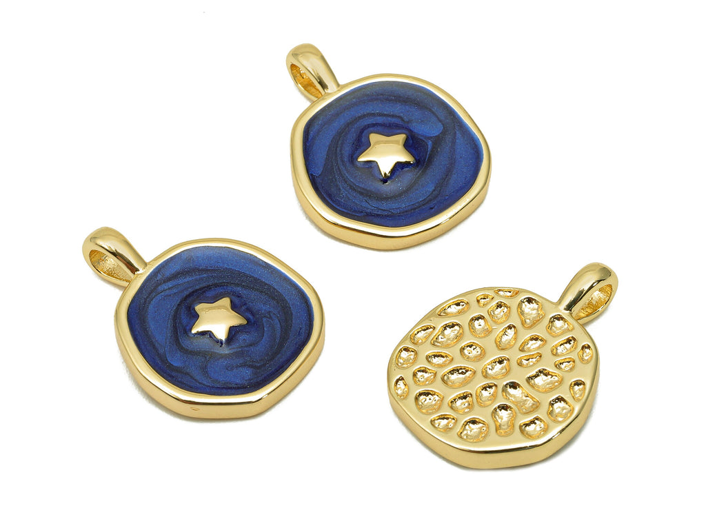 Brass Hammered Round Star Pendant - Navy Circle Enamel Earring - Necklace Charm With Loop - 18K Real Gold Plating - 17.5x13.3x1.8mm-RGP5664F - DOMEDBAZAAR