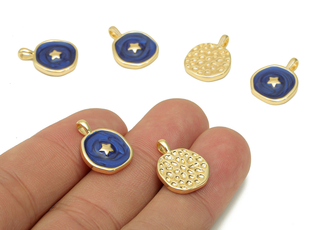 Brass Hammered Round Star Pendant - Navy Circle Enamel Earring - Necklace Charm With Loop - 18K Real Gold Plating - 17.5x13.3x1.8mm-RGP5664F - DOMEDBAZAAR