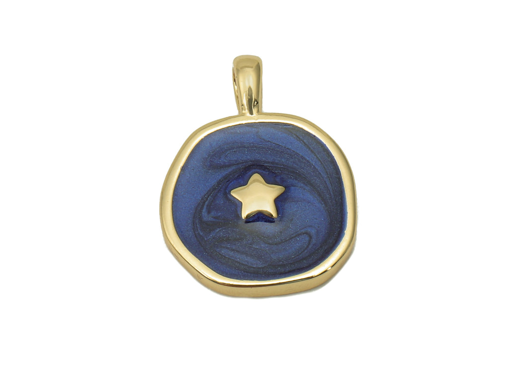 Brass Hammered Round Star Pendant - Navy Circle Enamel Earring - Necklace Charm With Loop - 18K Real Gold Plating - 17.5x13.3x1.8mm-RGP5664F - DOMEDBAZAAR