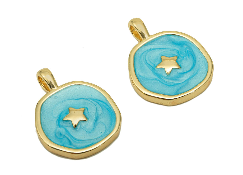 Brass Hammered Round Star Pendant - Blue Circle Enamel Earring - Necklace Charm With Loop - 18K Real Gold Plating - 17.5x13.3x1.8mm-RGP5664G - DOMEDBAZAAR
