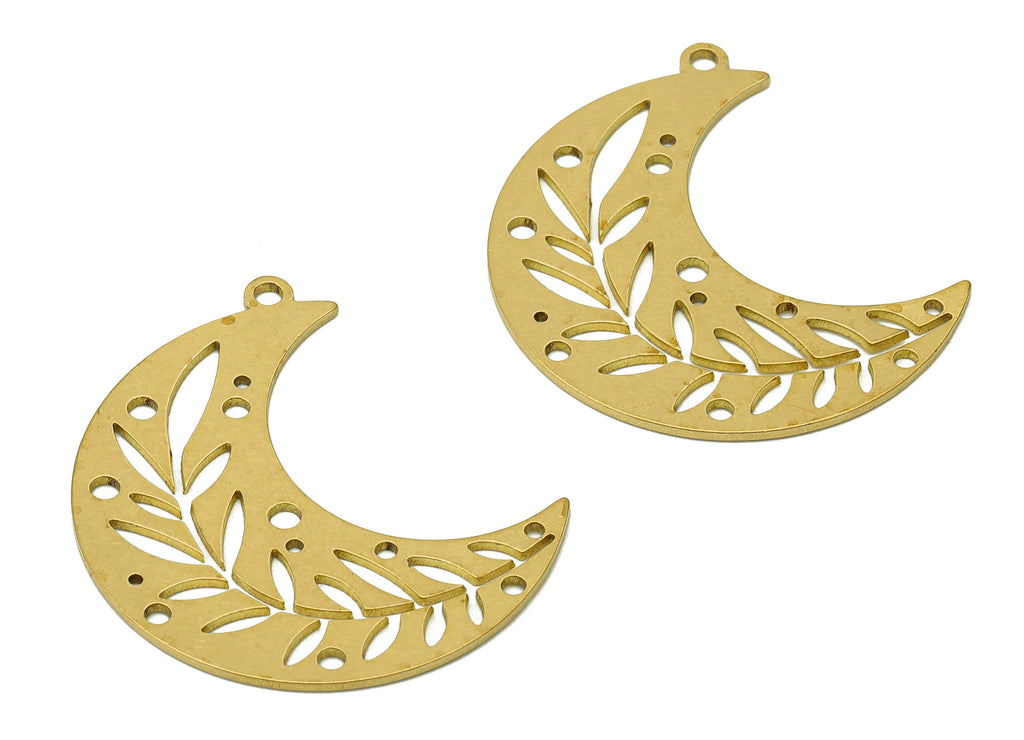 Brass Crescent Leaf Earring Charm - Raw Brass Moon Pendant - Flower Earring With Loop - Leaves Charm For Necklace - 29.7x24x0.7mm - PPA6683 - DOMEDBAZAAR