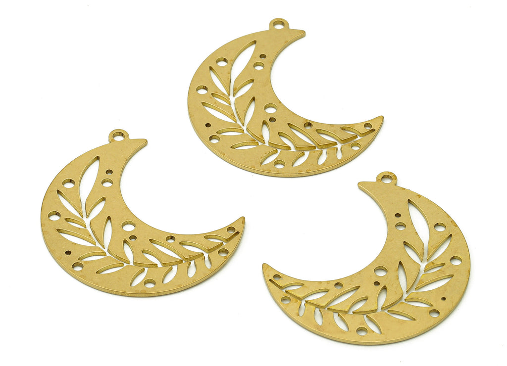 Brass Crescent Leaf Earring Charm - Raw Brass Moon Pendant - Flower Earring With Loop - Leaves Charm For Necklace - 29.7x24x0.7mm - PPA6683 - DOMEDBAZAAR
