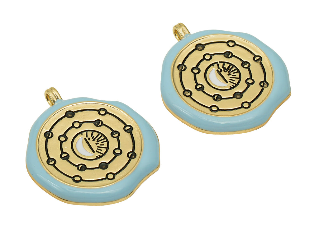 Brass Enamel Round Sun Charm - Blue Circle Moon Phase Earring - Crescent Pendant With Loop - 18K Real Gold Plating - 31.1x27.3x2.8mm-RGP5735 - DOMEDBAZAAR