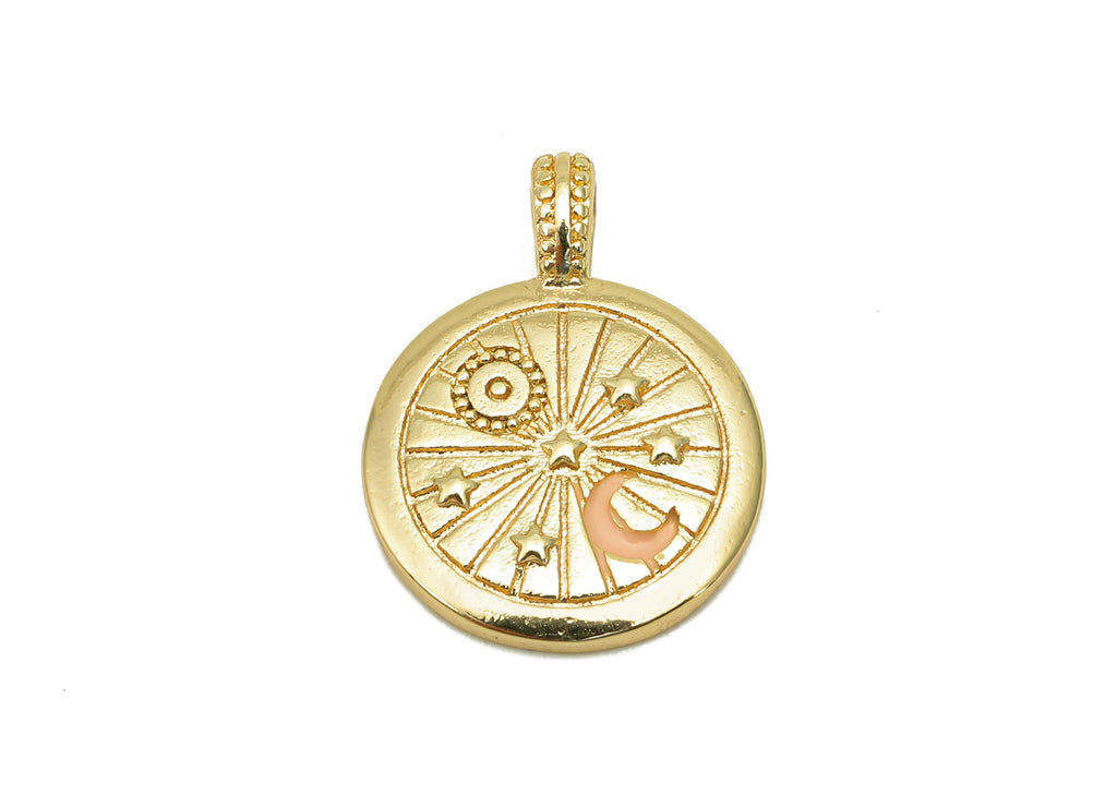 Brass Star Thick Round Charm - Enamel Crescent Circle Earring - Star Pendant With Loop - 18K Real Gold Plating - 19.9x14.9x1.9mm - RGP5739 - DOMEDBAZAAR