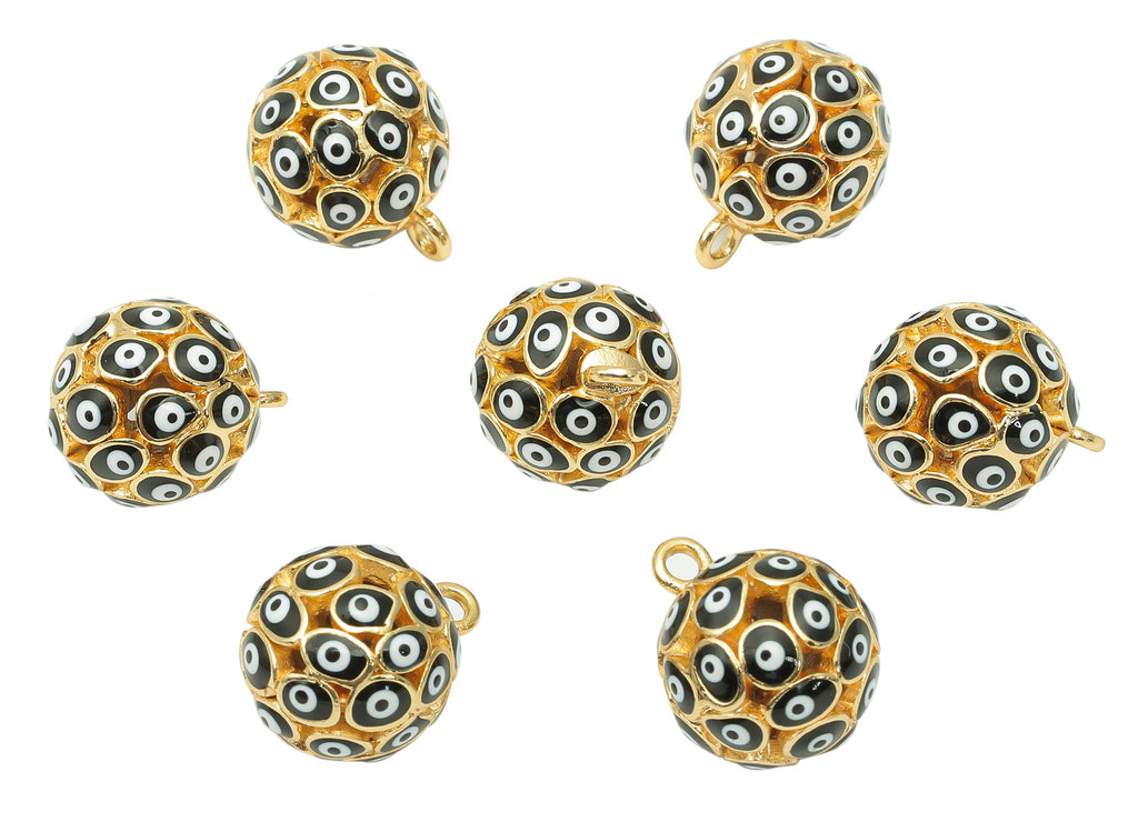Brass Black Ball Eye Pendant - Enamel Hollow Ball Earring - Necklace Charm With Loop - 18K Real Gold Plating - 15.3x12.3x12.3mm - RGP5745A - DOMEDBAZAAR