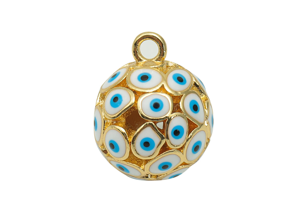Brass White Ball Eye Pendant - Enamel Hollow Ball Earring - Necklace Charm With Loop - 18K Real Gold Plating - 15.3x12.3x12.3mm - RGP5745B - DOMEDBAZAAR