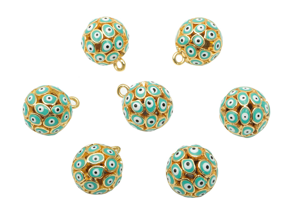 Brass Aqua Ball Eye Pendant - Enamel Hollow Ball Earring - Necklace Charm With Loop - 18K Real Gold Plating - 15.3x12.3x12.3mm - RGP5745C - DOMEDBAZAAR