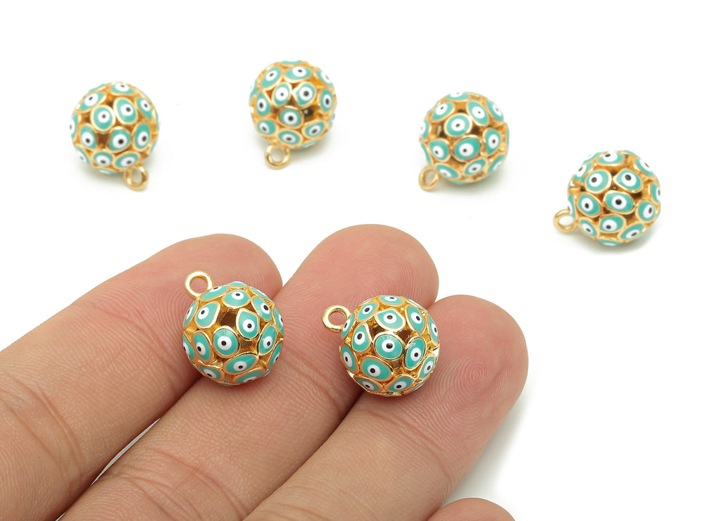 Brass Aqua Ball Eye Pendant - Enamel Hollow Ball Earring - Necklace Charm With Loop - 18K Real Gold Plating - 15.3x12.3x12.3mm - RGP5745C - DOMEDBAZAAR