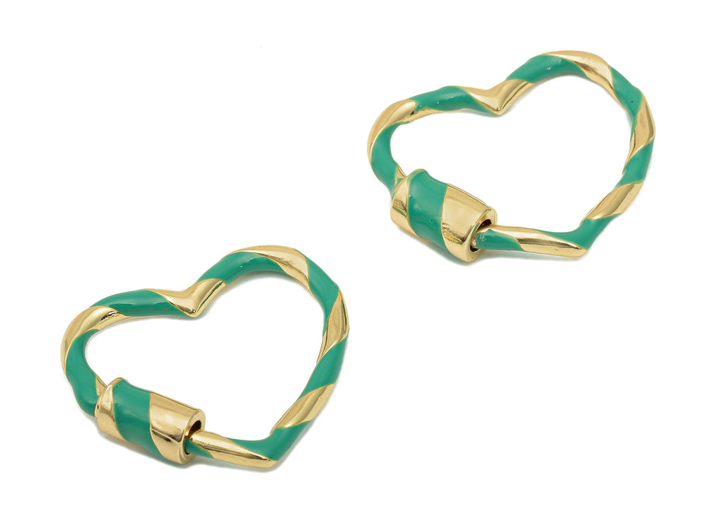Brass Enamel Heart Screw Clasp - Green Twisted Turnbuckle Lock - Heart Buckle Carabiner - 18K Real Gold Plating - 21.9x25.4x2.3mm - RGP5748 - DOMEDBAZAAR