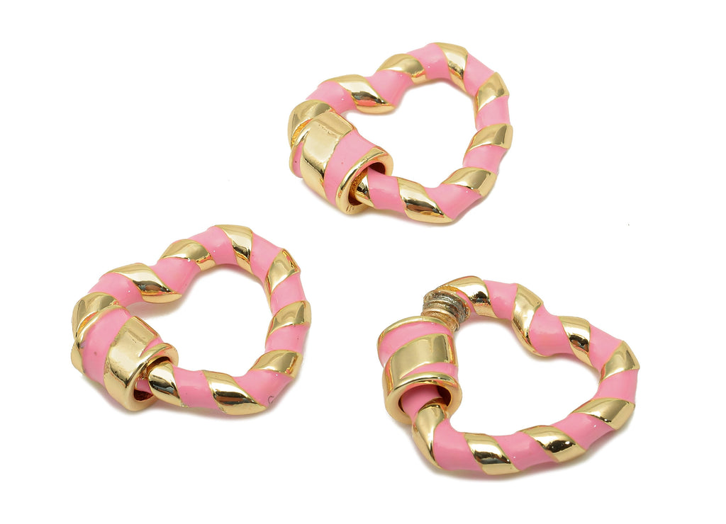 Brass Enamel Heart Screw Clasp - Pink Twisted Turnbuckle Lock - Heart Buckle Carabiner - 18K Real Gold Plating - 18.9x16.5x3.1mm - RGP5749 - DOMEDBAZAAR