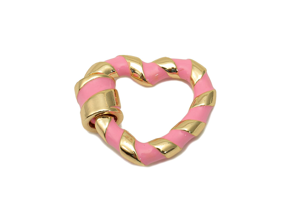 Brass Enamel Heart Screw Clasp - Pink Twisted Turnbuckle Lock - Heart Buckle Carabiner - 18K Real Gold Plating - 18.9x16.5x3.1mm - RGP5749 - DOMEDBAZAAR