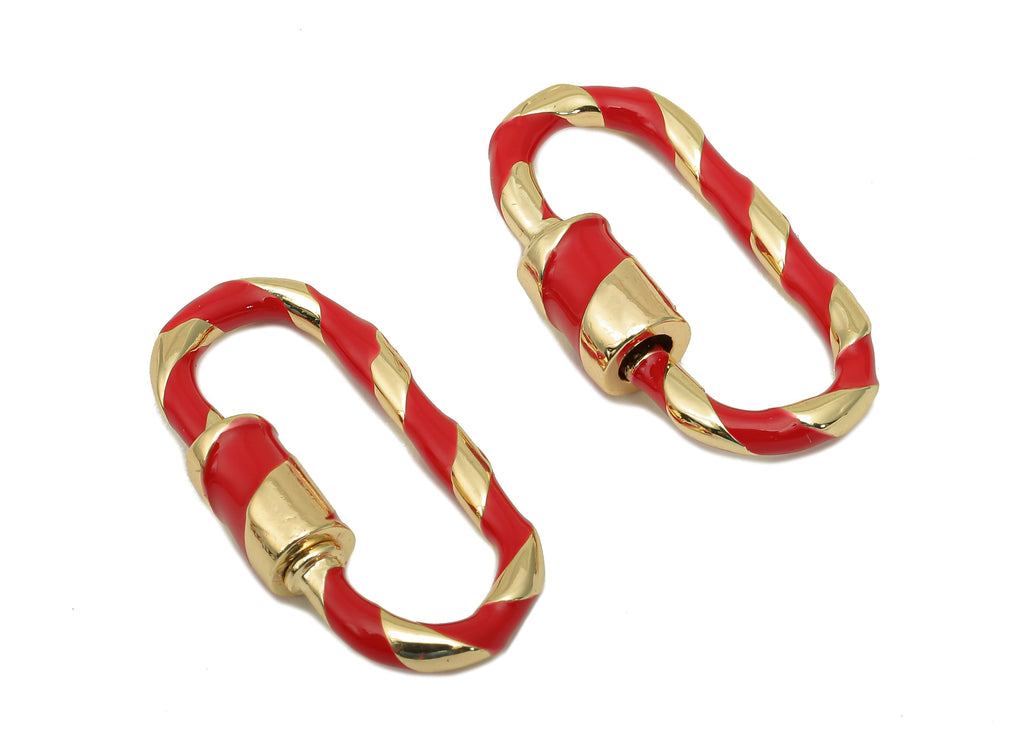 Brass Enamel Oval Rectangle Screw Clasp - Red Twisted Turnbuckle Lock - Buckle Carabiner - 18K Real Gold Plating - 25.6x13.4x2.2mm - RGP5753 - DOMEDBAZAAR