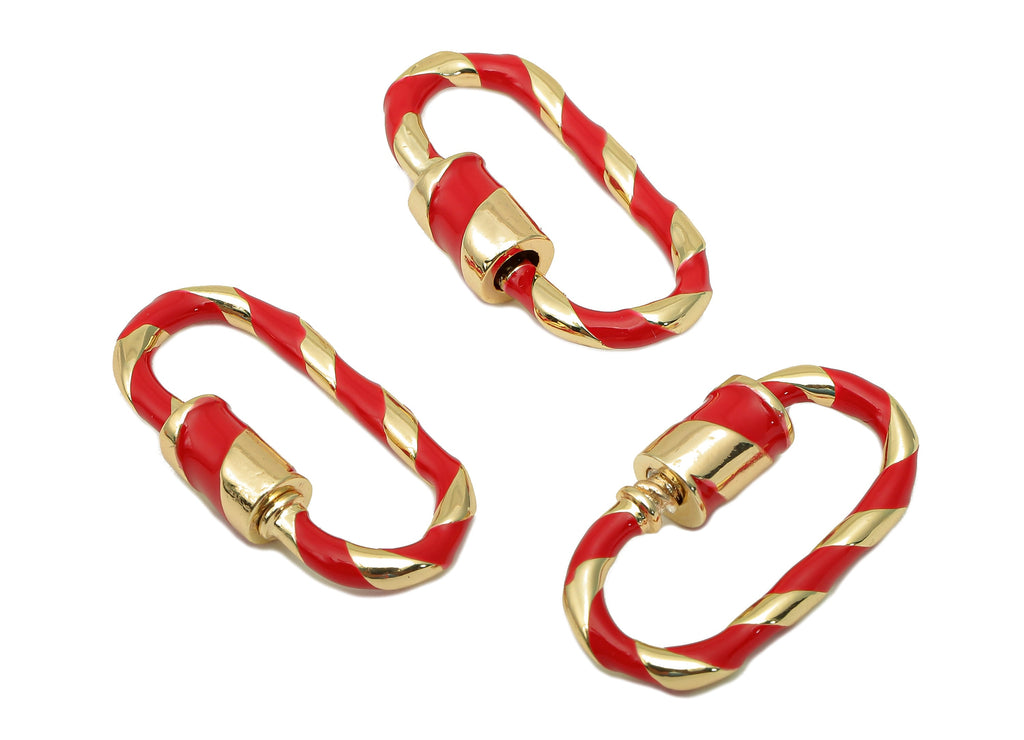 Brass Enamel Oval Rectangle Screw Clasp - Red Twisted Turnbuckle Lock - Buckle Carabiner - 18K Real Gold Plating - 25.6x13.4x2.2mm - RGP5753 - DOMEDBAZAAR