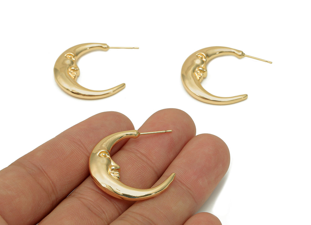 Brass Crescent Face Earring Post - Hoop Stud Earring With Loop - 316 Stainless Steel - 18K Real Gold Plating - 28.3x32.8x5.6mm - RGP5696 - DOMEDBAZAAR